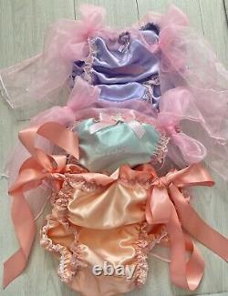 3 Pairs Of Double Satin Frilly Sissy Tie Side Panties/knickers Satin Lined