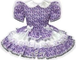 43.5 Purple Flowers White Satin Lace Adult Baby Little Girl Sissy Dress LEANNE