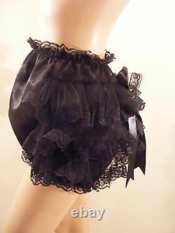 ADULT BABY SISSY BLK SATIN RUFFLE BUM DIAPER COVER PANTIES WithPROOF/LOCKING ABDL