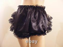 ADULT BABY SISSY BLK SATIN RUFFLE BUM DIAPER COVER PANTIES WithPROOF/LOCKING ABDL