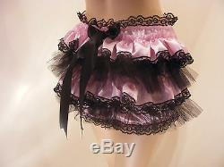 ADULT BABY SISSY PINK/BLK SATIN FRILLY DIAPER COVER PANTIES OP WithPROOF / LOCKING