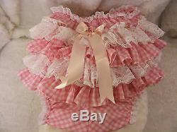 ADULT BABY SISSY PINK GINGHAM LACE RUFFLE DIAPER COVER PANTIES WithPROOF/LOCK ABDL