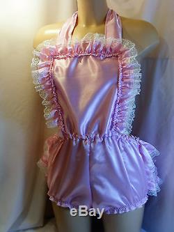 ADULT BABY SISSY PINK SATIN FRILLY ROMPER SUNSUIT DUNGERIES WithPROOF LOCKING ABDL