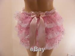 ADULT BABY SISSY PINK SATIN ORGANZA SEQUIN DIAPER COVER PANTIES WithPROOF LOCKING