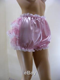 ADULT BABY SISSY PINK SATIN ORGANZA SEQUIN DIAPER COVER PANTIES WithPROOF LOCKING
