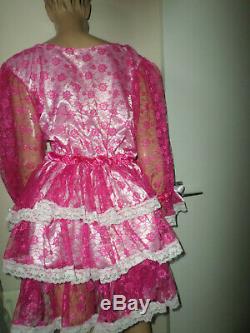 ADULT BABY SISSY PINK lace PRETTY FRILLY RUFFLE DRESS 46 PUFFED SLEEVES