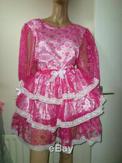 ADULT BABY SISSY PINK lace PRETTY FRILLY RUFFLE DRESS 50 PUFFED SLEEVES