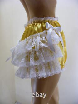ADULT BABY SISSY YELLOW SATIN LACE RUFFLE DIAPER COVER PANTIES WithPROOF LOCKING