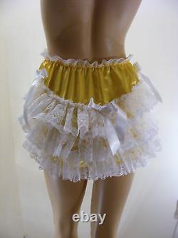 ADULT BABY SISSY YELLOW SATIN LACE RUFFLE DIAPER COVER PANTIES WithPROOF LOCKING