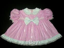 ADULT SISSY BABY PVC RUFFLES DRESS FULL SET baby pink (MITTS, BONNET & BOOTIES)