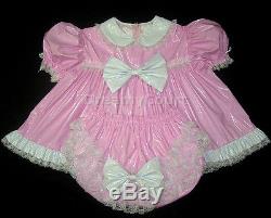 ADULT SISSY BABY PVC RUFFLES DRESS SET baby pink(MITTS, BONNET & BOOTIES)