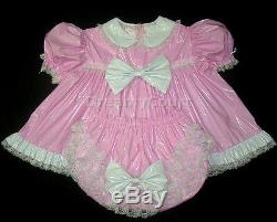 ADULT SISSY BABY PVC RUFFLES DRESS SET baby pink(MITTS, BONNET & BOOTIES) XL