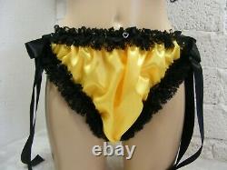 ADULT baby sissy lingerie yellow satin with black edging bra and panties set