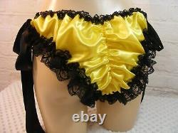ADULT baby sissy yellow satin black lace pantie babydoll cami knickers lingerie