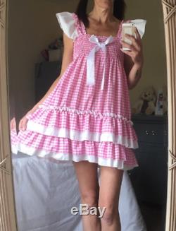 ALL Sizes 55GBP Adult Baby Sissy ABDL PINK or blue gingham frilly dress cosplay