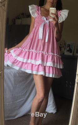 ALL Sizes 55GBP Adult Baby Sissy ABDL PINK or blue gingham frilly dress cosplay
