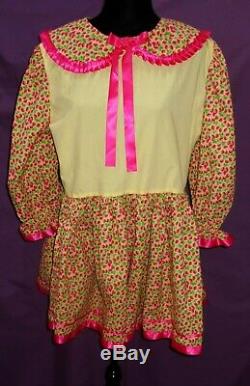 Adorable Yellow Cotton Adult Sissy Girl Baby Dress RaspBerry Long Sleeves Pink