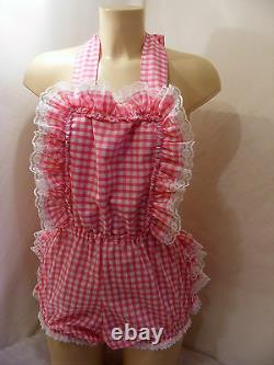 Adult Baby Gingham Sissy Ruffle Bum Romper Sun Suit Dungarees Fancy Dress