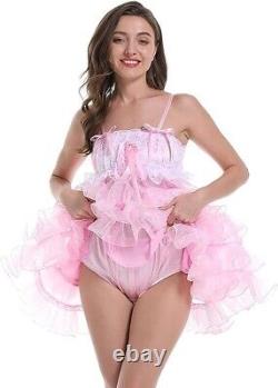 Adult Baby Girl Pink Semi Transparent Organza Sissy Suspender Pajama Dress