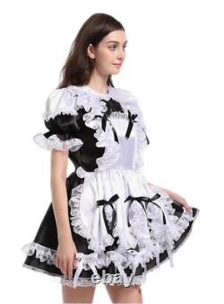 Adult Baby Sexy Girl Black and White Lapel Satin Sissy Dress Cosplay