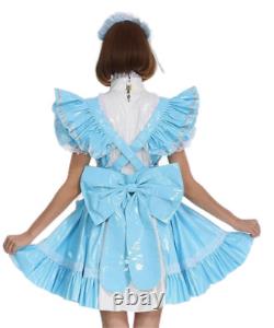 Adult Baby Sexy Girl Light Blue High Necked PVC Sissy Dress with Pleated Hem