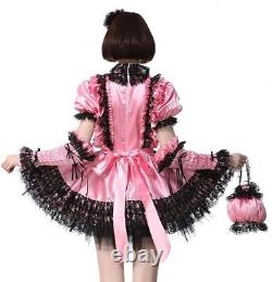 Adult Baby Sexy Girl Pink Satin Sissy Dress with Black Lace Trim Cosplay