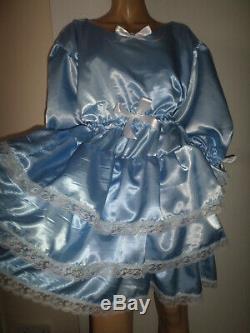 Adult Baby Sissy Blue Satin Pretty Frilly Ruffle Dress 42 Long Puffed Sleeves