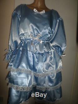 Adult Baby Sissy Blue Satin Pretty Frilly Ruffle Dress 42 Long Puffed Sleeves