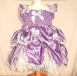 Adult Baby Sissy Boi Frilly Satin FULL Dress Fitted Petticoat lace fancy cosplay