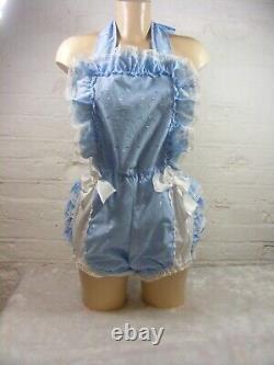 Adult Baby Sissy Broderie Anglais Blue Romper Sun Suit Dungarees Fancy Dress