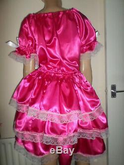 Adult Baby Sissy Deep Pink Satin Pretty Frilly Ruffle Dress 44 Puffed Sleeves