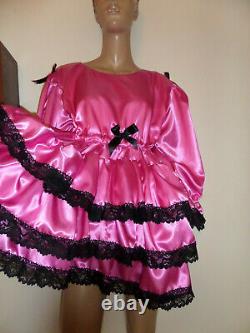 Adult Baby Sissy Deep Pink Satin Pretty Frilly Ruffle Dress 52 Black Lace Trim