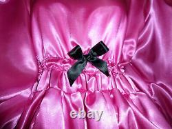 Adult Baby Sissy Deep Pink Satin Pretty Frilly Ruffle Dress 52 Black Lace Trim