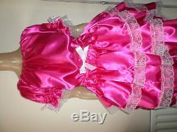 Adult Baby Sissy Deep Pink Satin Pretty Frilly Ruffle Dress 52 Puffed Sleeves