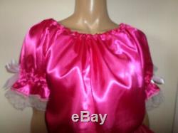 Adult Baby Sissy Deep Pink Satin Pretty Frilly Ruffle Dress 52 Puffed Sleeves