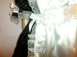 Adult Baby Sissy French Maid Satin Dress 42 Pretty Frill Hem Apron + Mop Cap