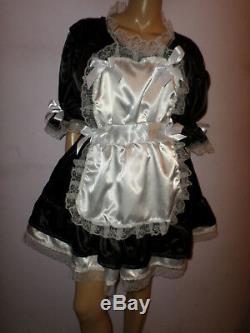 Adult Baby Sissy French Maid Satin Dress 48 Pretty Frill Hem Apron + Mop Cap