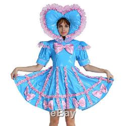 Adult Baby Sissy Lockable Maid PVC Sweet Heart Blue Dress Costume Crossdress
