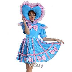 Adult Baby Sissy Lockable Maid PVC Sweet Heart Blue Dress Costume Crossdress