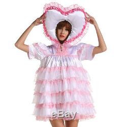 Adult Baby Sissy Lockable Sweet Heart Soft White Satin Dress Uniform Crossdress