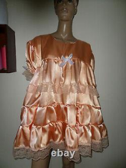 Adult Baby Sissy Peach Satin Pretty Frilly Dress 46 Chest White Lace