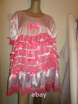 Adult Baby Sissy Pink Satin Bright Ruffle Lace Dress 52 Short Puffed Sleeves