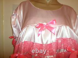 Adult Baby Sissy Pink Satin Bright Ruffle Lace Dress 52 Short Puffed Sleeves