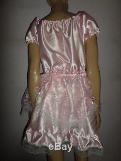 Adult Baby Sissy Pink Satin Dress 48 Frilly Hem Lace Curved Skirt Satin Bows