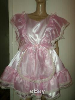 Adult Baby Sissy Pink Satin Organza Pretty Frilly Dress 42 Puffed Sleeves