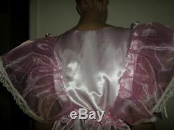 Adult Baby Sissy Pink Satin Organza Pretty Frilly Dress 42 Puffed Sleeves