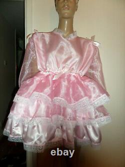Adult Baby Sissy Pink Satin Organza Pretty Ruffle Dress 46 Puffed Sleeves