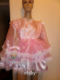Adult Baby Sissy Pink Satin Organza Pretty Ruffle Dress 52 Puffed Sleeves