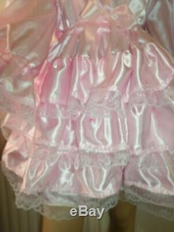Adult Baby Sissy Pink Satin Pretty Frilly Ruffle Dress 42 Long Puffed Sleeves