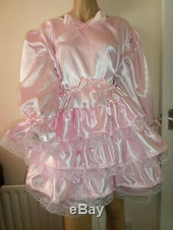 Adult Baby Sissy Pink Satin Pretty Frilly Ruffle Dress 46 Long Puffed Sleeves
